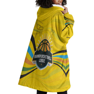Rwanda Wearable Blanket Hoodie with Basketball League Court Hoop Yellow Wave Spirit