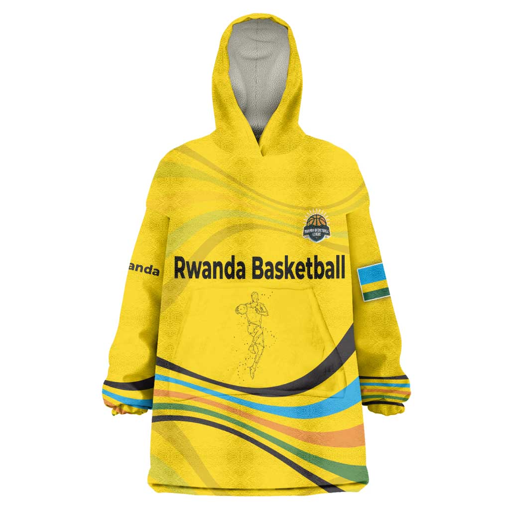 Rwanda Wearable Blanket Hoodie with Basketball League Court Hoop Yellow Wave Spirit