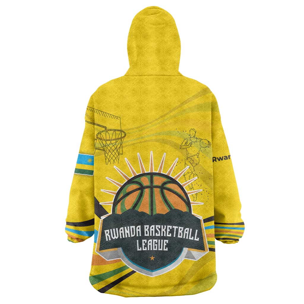 Rwanda Wearable Blanket Hoodie with Basketball League Court Hoop Yellow Wave Spirit