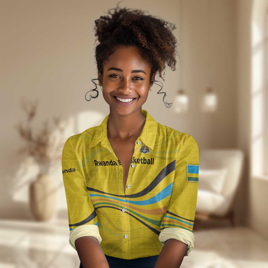 Rwanda Women Casual Shirt with Basketball League Court Hoop Yellow Wave Spirit