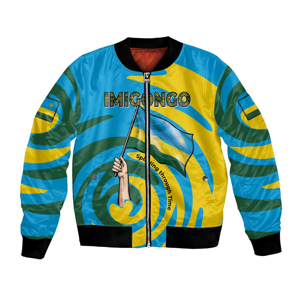 Rwanda Bomber Jacket with Imigongo Spiraling Flag Hand Wave Time Spirit