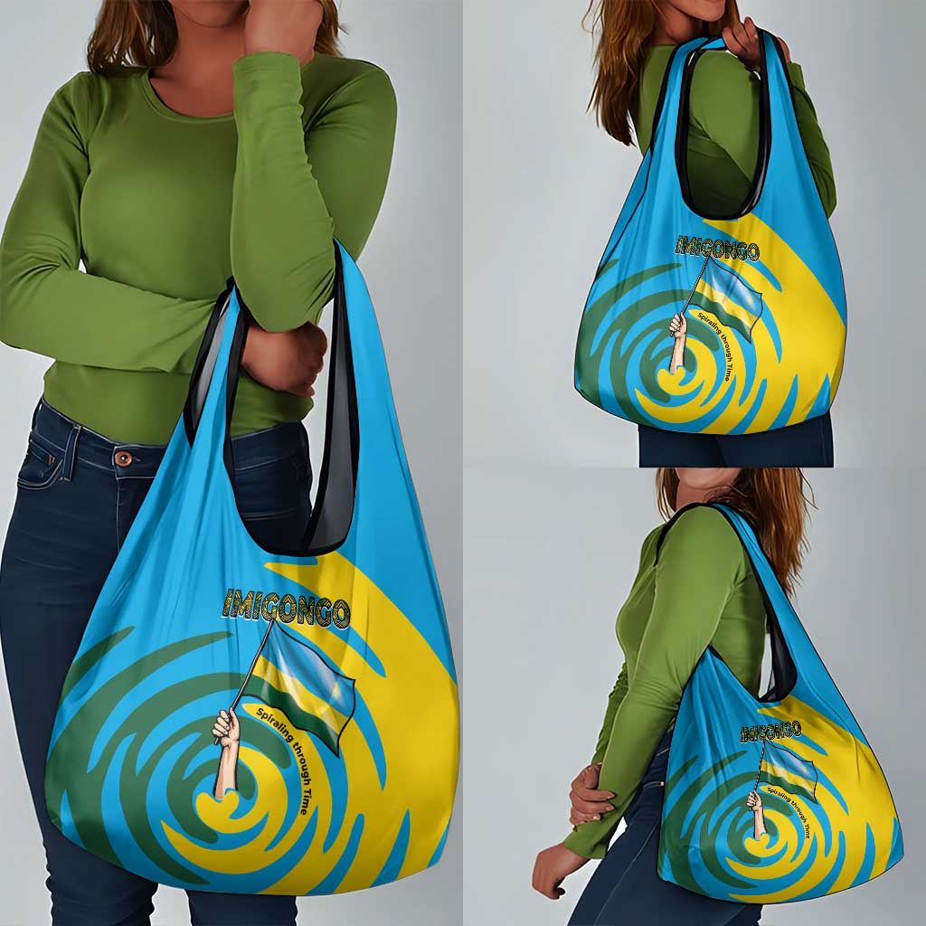 Rwanda Grocery Bag with Imigongo Spiraling Flag Hand Wave Time Spirit