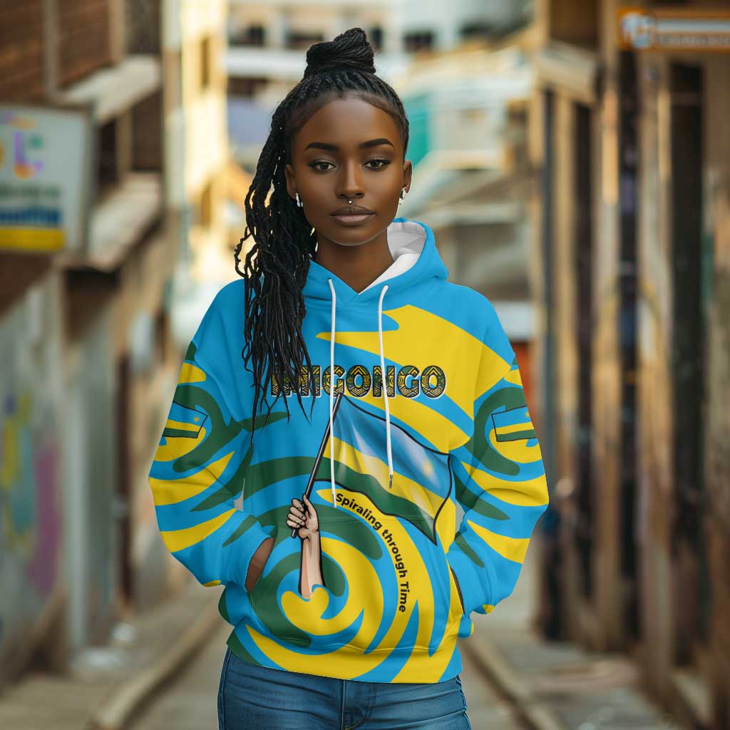 Rwanda Hoodie with Imigongo Spiraling Flag Hand Wave Time Spirit