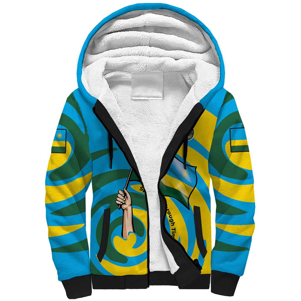 Rwanda Sherpa Hoodie with Imigongo Spiraling Flag Hand Wave Time Spirit