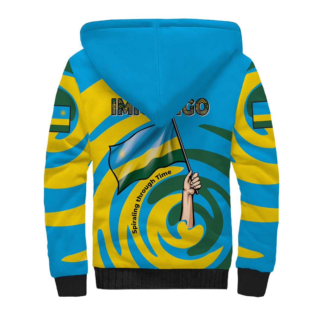 Rwanda Sherpa Hoodie with Imigongo Spiraling Flag Hand Wave Time Spirit
