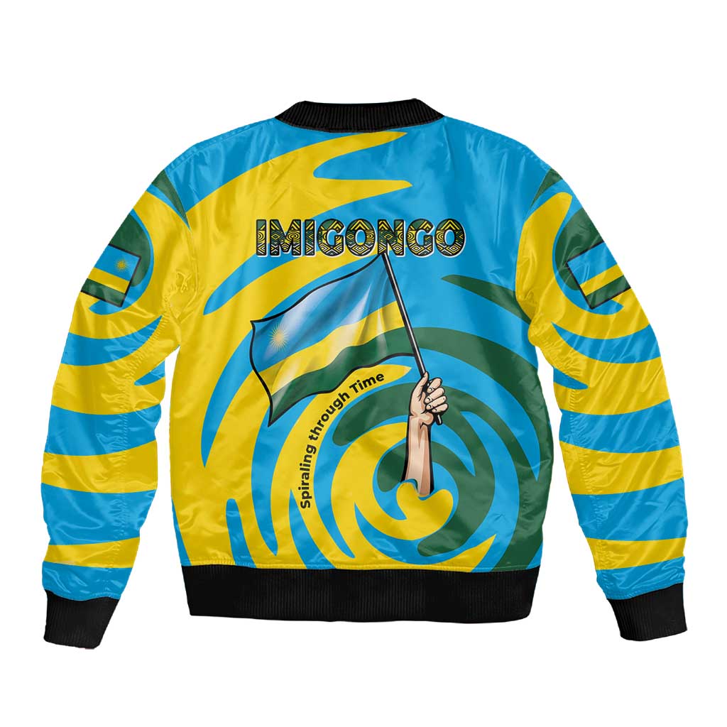 Rwanda Sleeve Zip Bomber Jacket with Imigongo Spiraling Flag Hand Wave Time Spirit