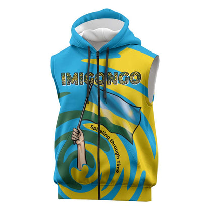 Rwanda Sleeveless Zip Hoodie with Imigongo Spiraling Flag Hand Wave Time Spirit - African Pride