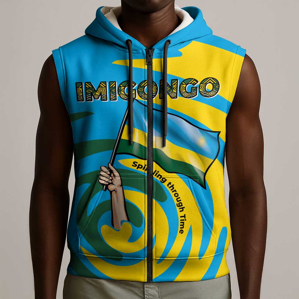 Rwanda Sleeveless Zip Hoodie with Imigongo Spiraling Flag Hand Wave Time Spirit - African Pride