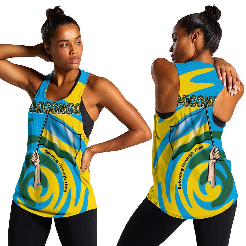 Rwanda Women Racerback Tank with Imigongo Spiraling Flag Hand Wave Time Spirit