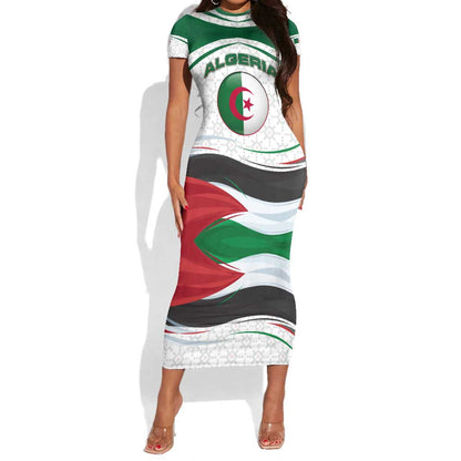 Algeria Short Sleeve Bodycon Dress with National Flag and Coat of Arms Crest Design