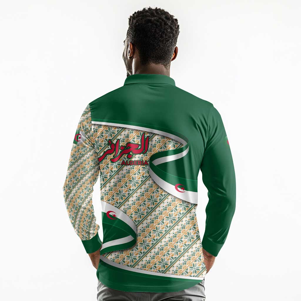 Algeria Long Sleeve Polo Shirt with Arabic Calligraphy and Traditional Pattern Design