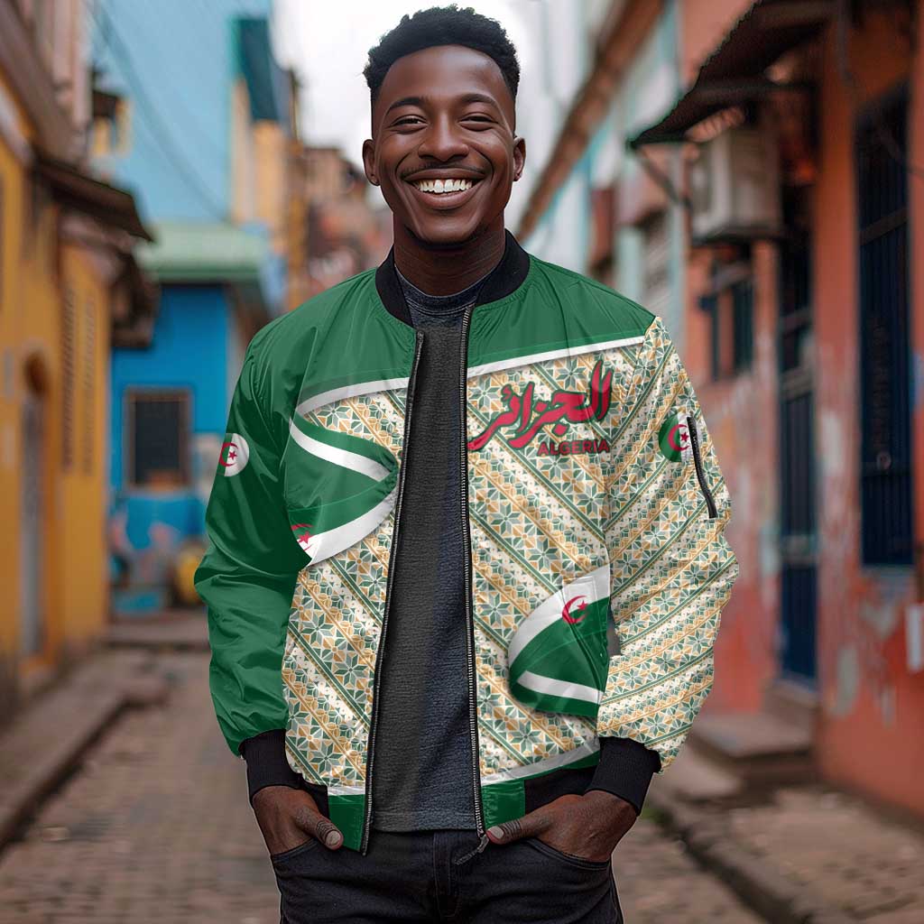 Algeria Sleeve Zip Bomber Jacket with Arabic Calligraphy and Traditional Pattern Design