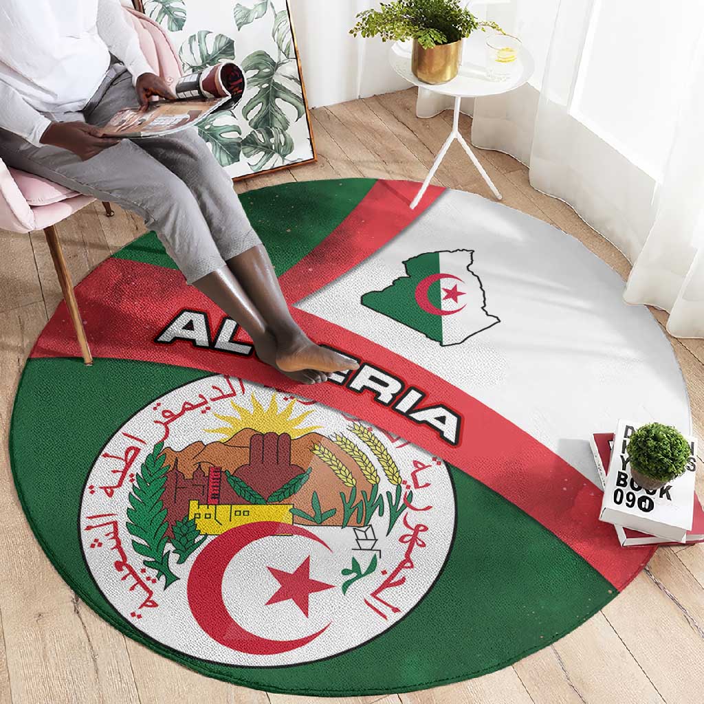 Algeria Round Carpet with National Emblem and Map Design