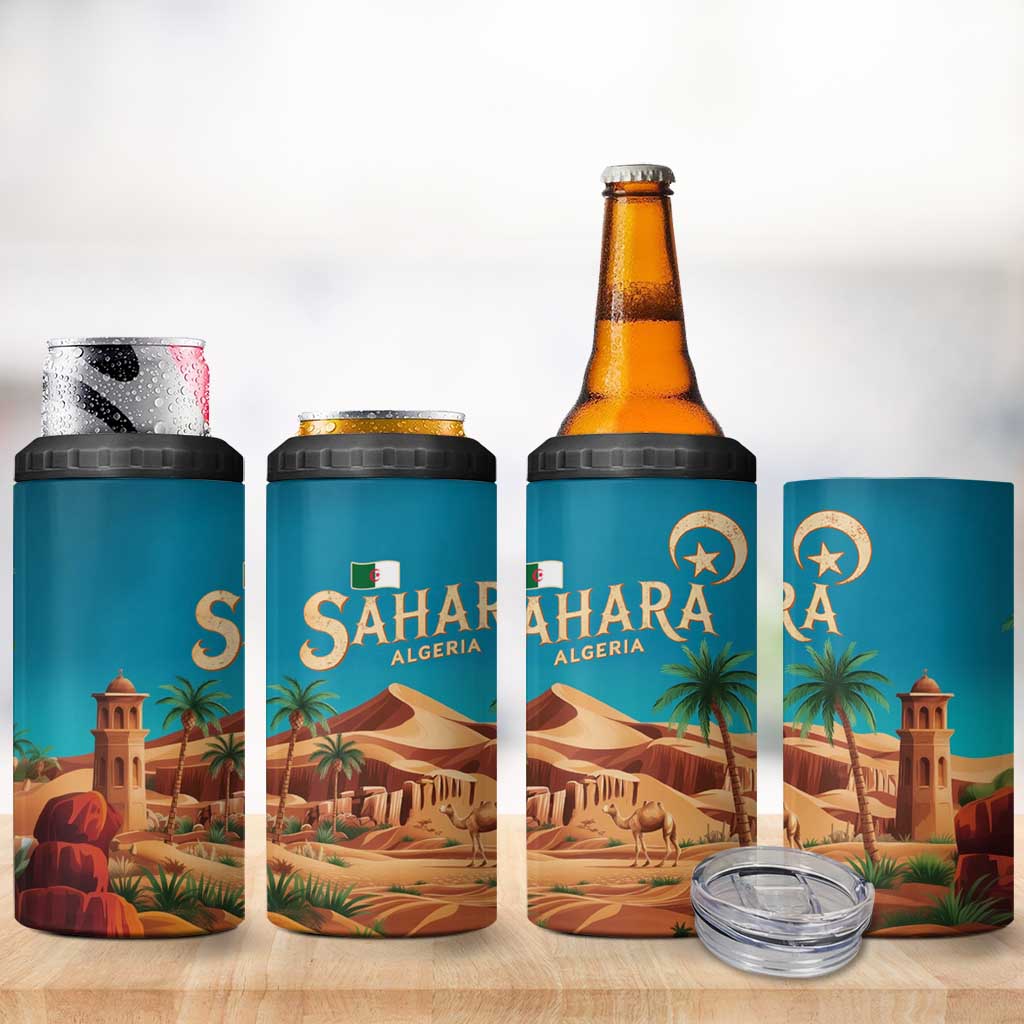 Sahara Algeria 4 in 1 Can Cooler Tumbler with Desert Camel Landscape and Islamic Motif Design