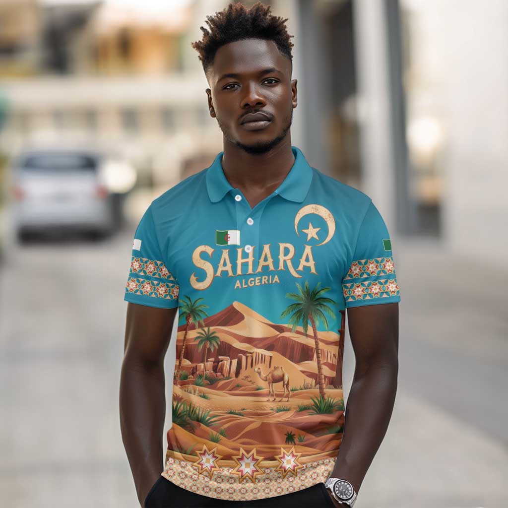 Sahara Algeria Polo Shirt with Desert Camel Landscape and Islamic Motif Design