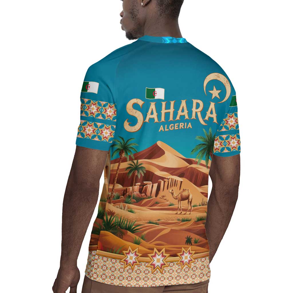 Sahara Algeria Rugby Jersey with Desert Camel Landscape and Islamic Motif Design