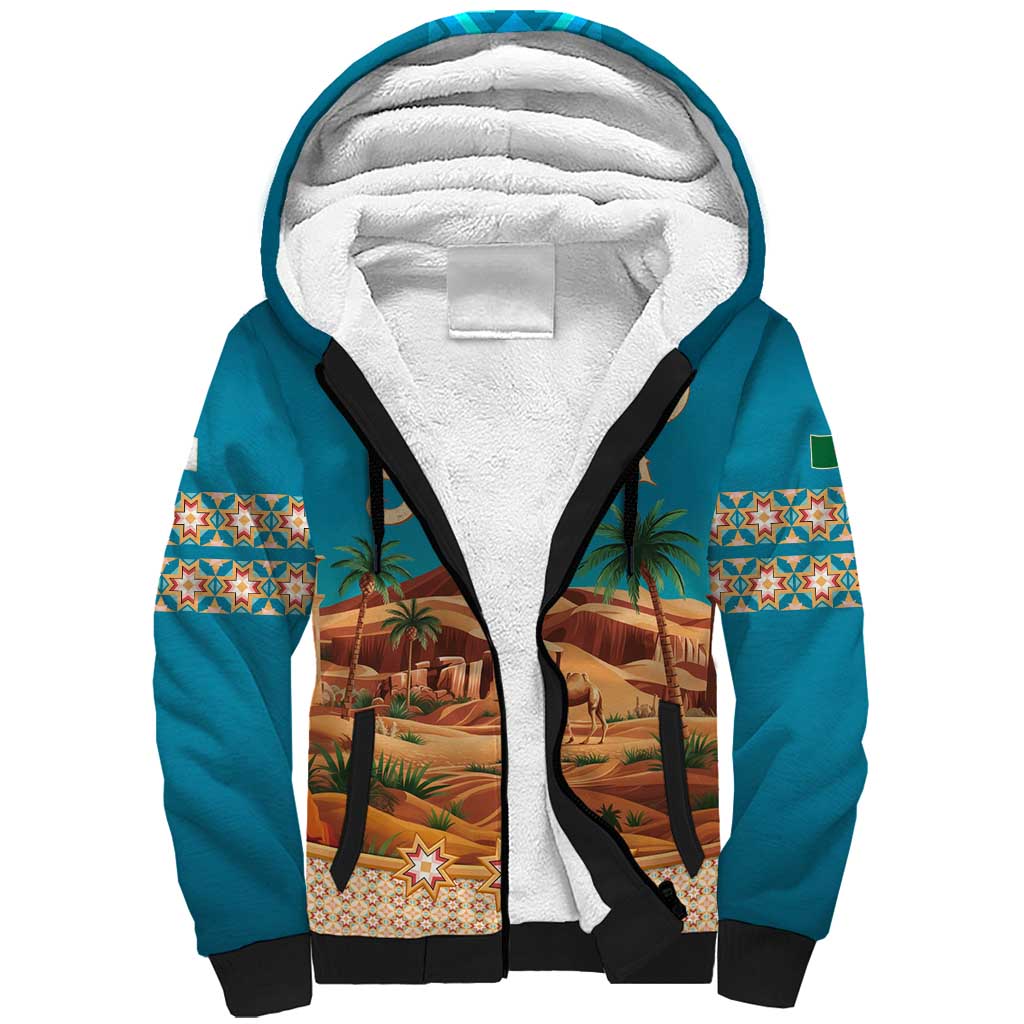 Sahara Algeria Sherpa Hoodie with Desert Camel Landscape and Islamic Motif Design