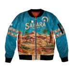 Sahara Algeria Sleeve Zip Bomber Jacket with Desert Camel Landscape and Islamic Motif Design