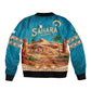 Sahara Algeria Sleeve Zip Bomber Jacket with Desert Camel Landscape and Islamic Motif Design