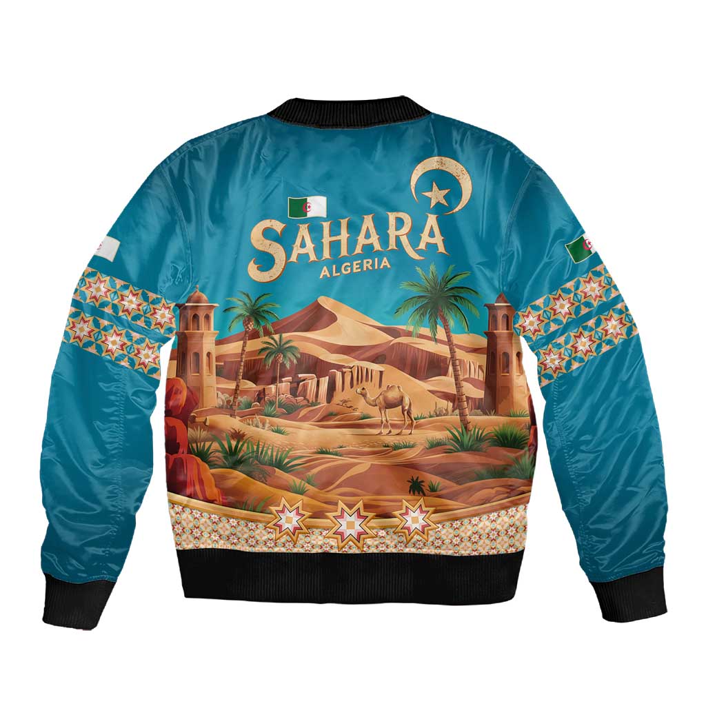 Sahara Algeria Sleeve Zip Bomber Jacket with Desert Camel Landscape and Islamic Motif Design