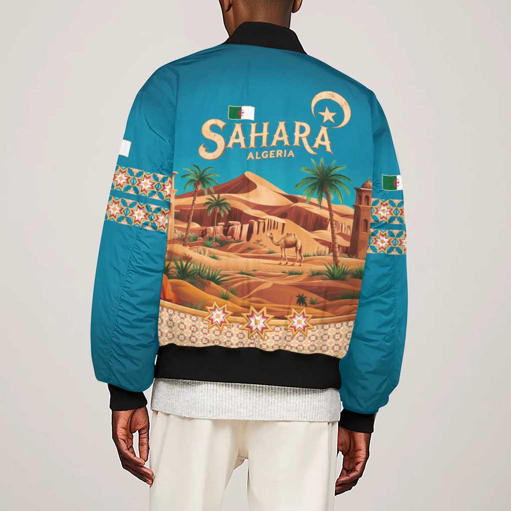 Sahara Algeria Sleeve Zip Bomber Jacket with Desert Camel Landscape and Islamic Motif Design