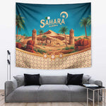 Sahara Algeria Tapestry with Desert Camel Landscape and Islamic Motif Design