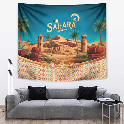 Sahara Algeria Tapestry with Desert Camel Landscape and Islamic Motif Design