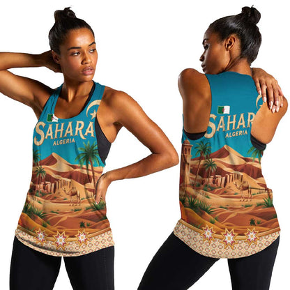 Sahara Algeria Women Racerback Tank with Desert Camel Landscape and Islamic Motif Design