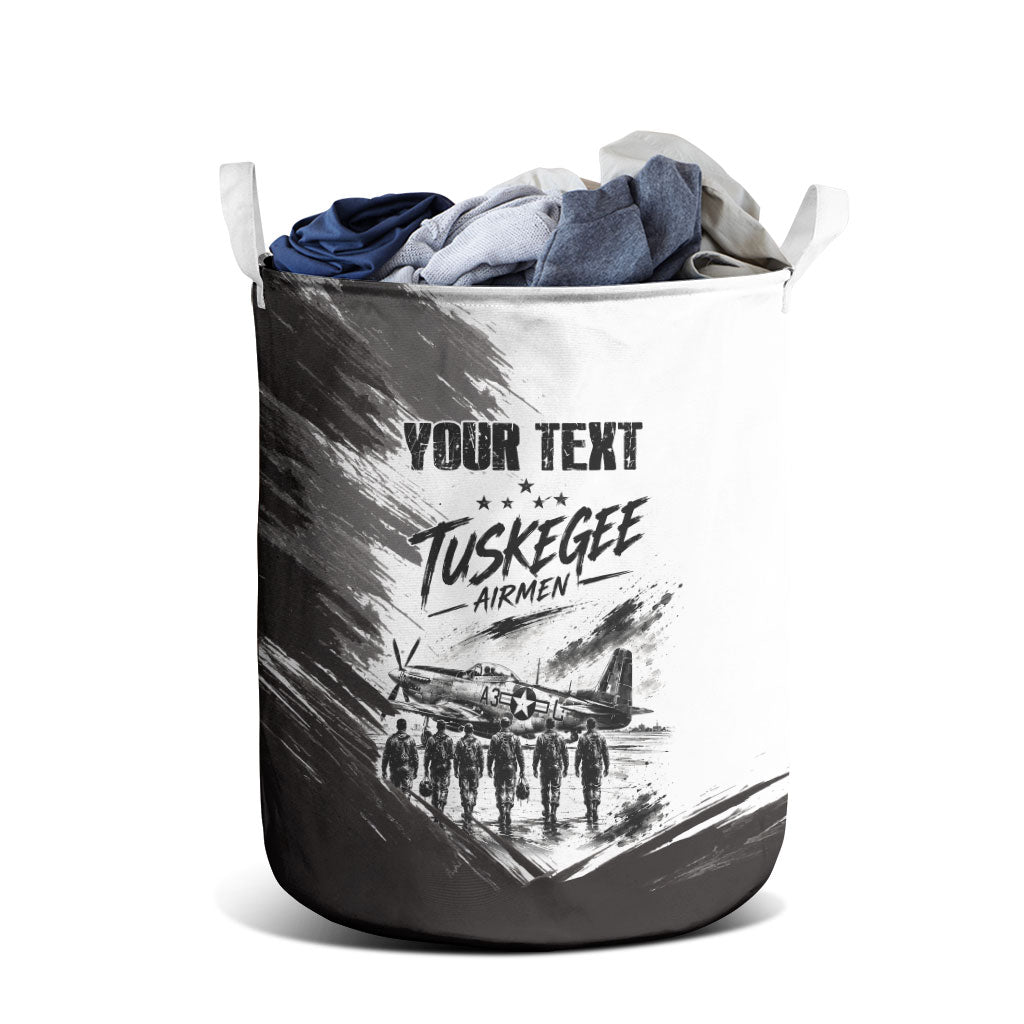 Personalized Tuskegee Airmen Laundry Basket Black And White Grunge WWII Aviation Art
