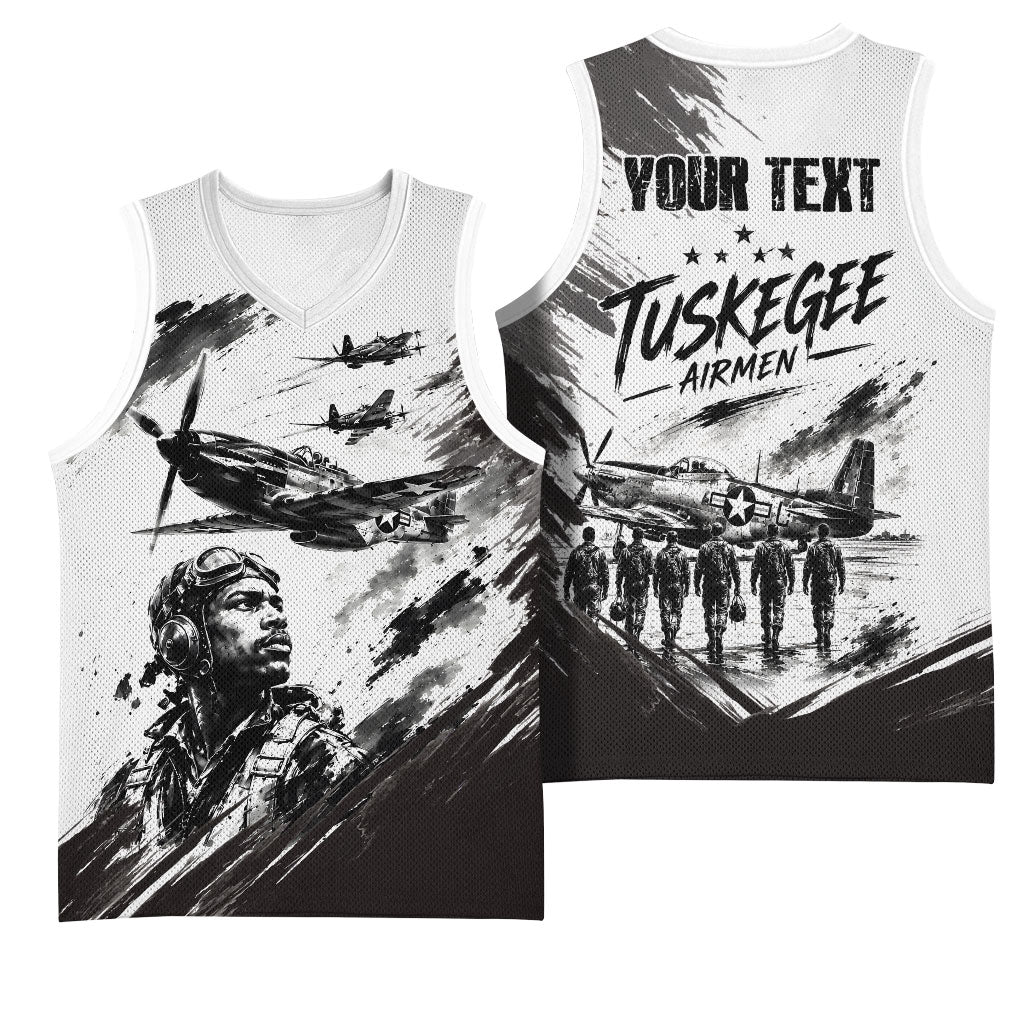 Personalized Tuskegee Airmen Basketball Jersey Black And White Grunge WWII Aviation Art