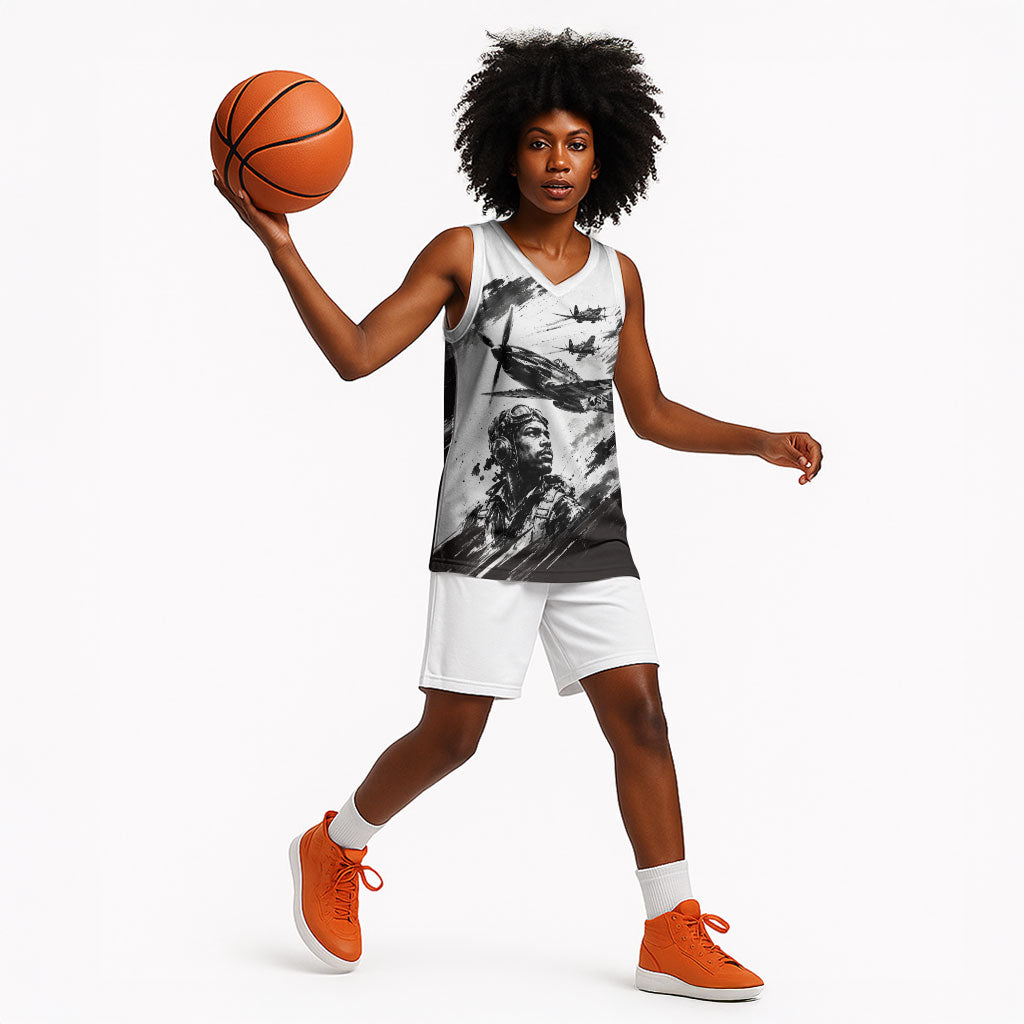 Personalized Tuskegee Airmen Basketball Jersey Black And White Grunge WWII Aviation Art