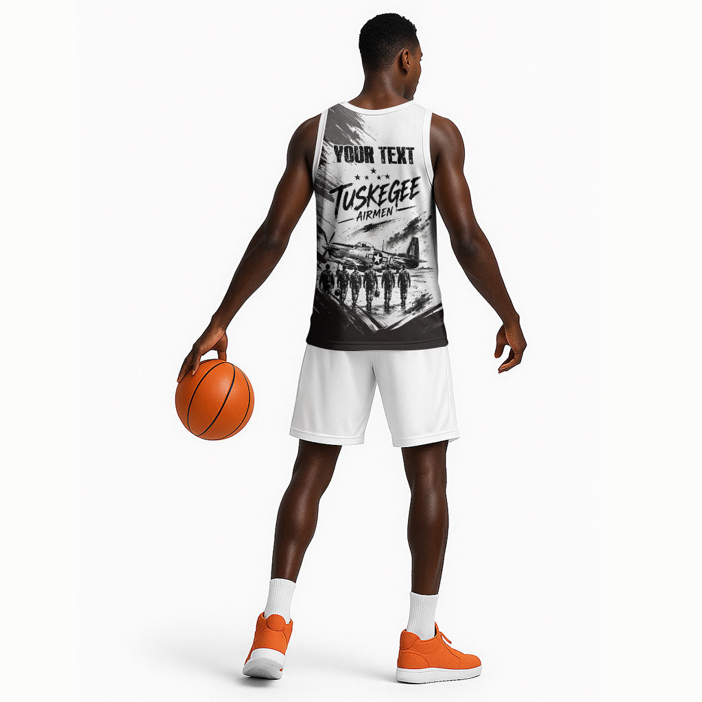 Personalized Tuskegee Airmen Basketball Jersey Black And White Grunge WWII Aviation Art