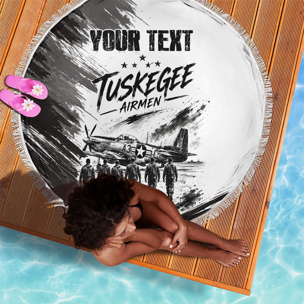 Personalized Tuskegee Airmen Beach Blanket Black And White Grunge WWII Aviation Art