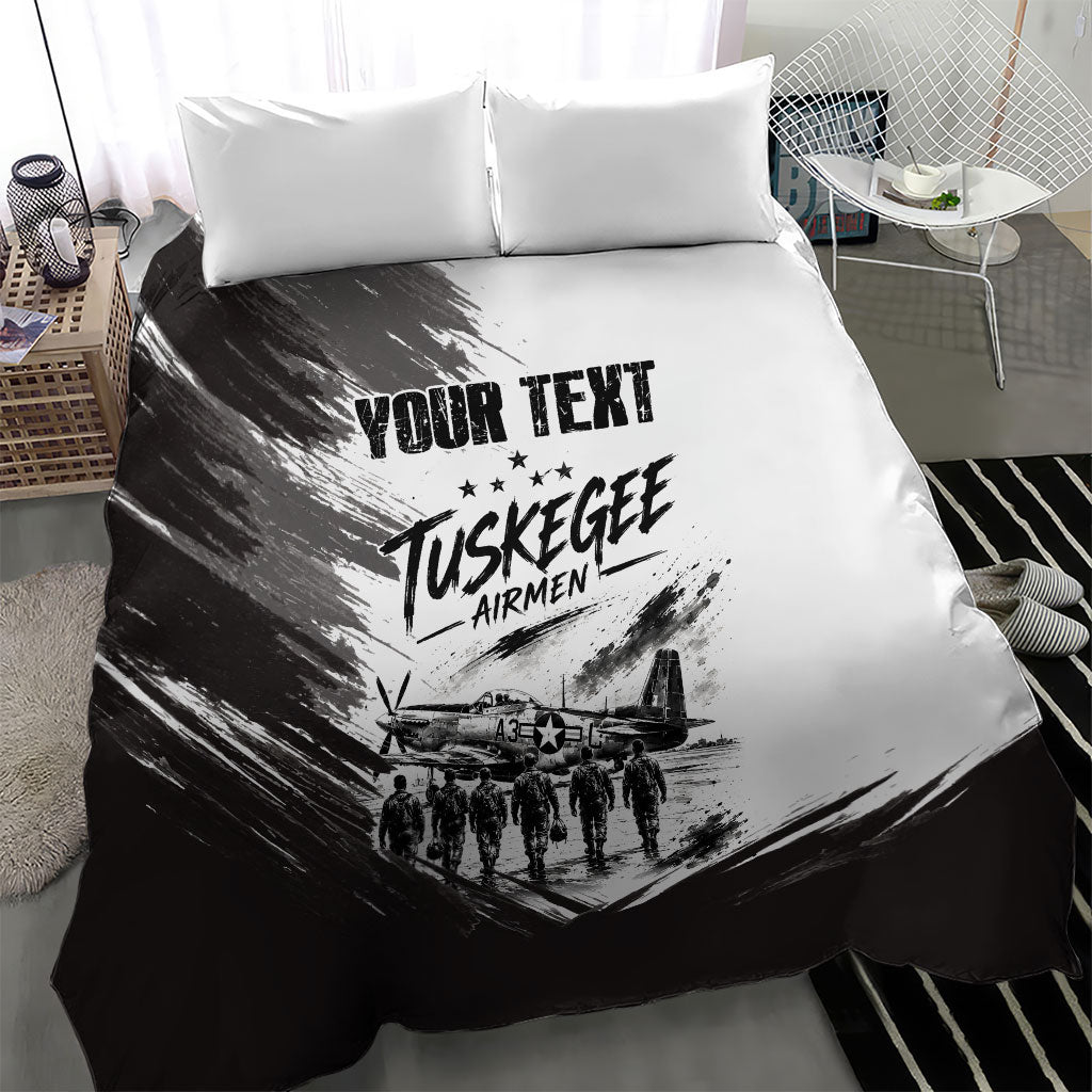 Personalized Tuskegee Airmen Bedding Set Black And White Grunge WWII Aviation Art