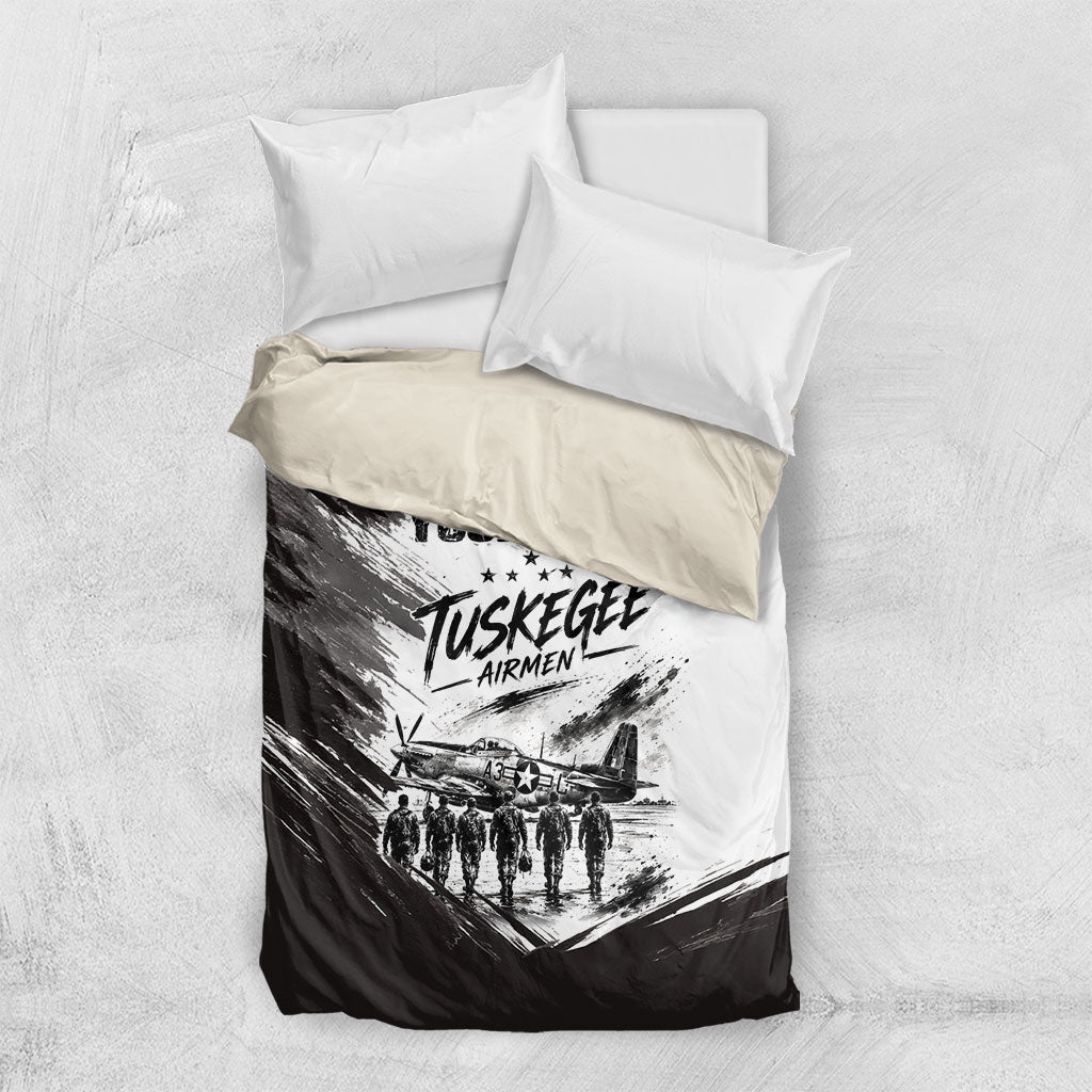 Personalized Tuskegee Airmen Bedding Set Black And White Grunge WWII Aviation Art