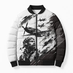 Personalized Tuskegee Airmen Bomber Puffer Jacket Black And White Grunge WWII Aviation Art