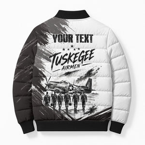 Personalized Tuskegee Airmen Bomber Puffer Jacket Black And White Grunge WWII Aviation Art