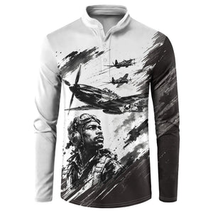 Personalized Tuskegee Airmen Button Sweatshirt Black And White Grunge WWII Aviation Art