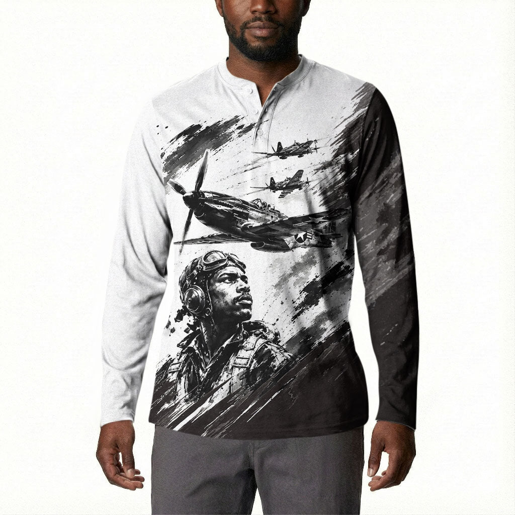 Personalized Tuskegee Airmen Button Sweatshirt Black And White Grunge WWII Aviation Art