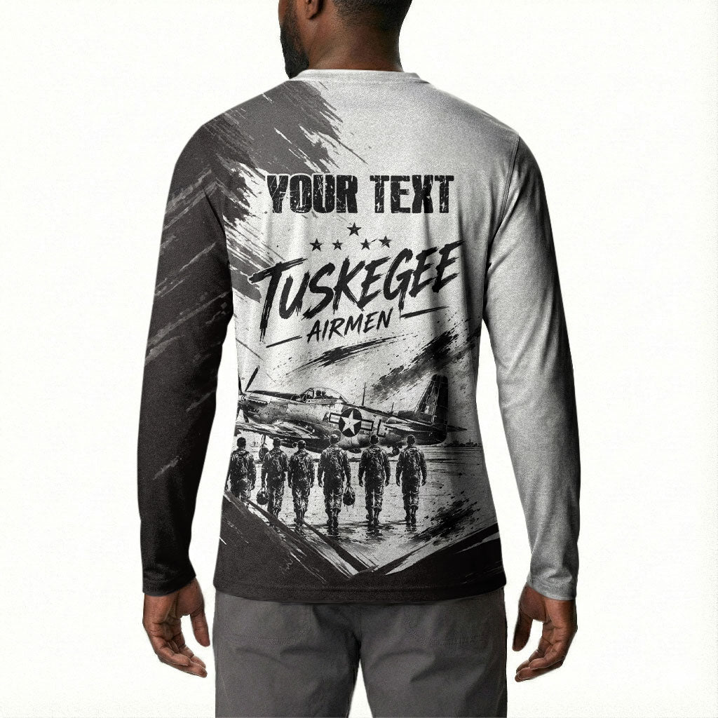 Personalized Tuskegee Airmen Button Sweatshirt Black And White Grunge WWII Aviation Art