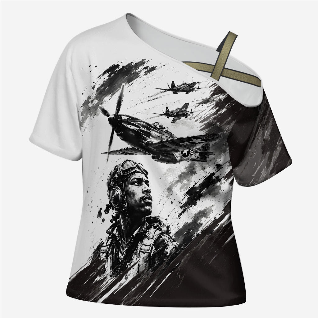 Personalized Tuskegee Airmen Cross Shoulder Shirt Black And White Grunge WWII Aviation Art