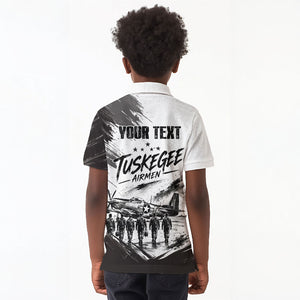 Personalized Tuskegee Airmen Kid Polo Shirt Black And White Grunge WWII Aviation Art