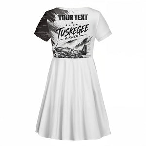 Personalized Tuskegee Airmen Kid Short Sleeve Dress Black And White Grunge WWII Aviation Art