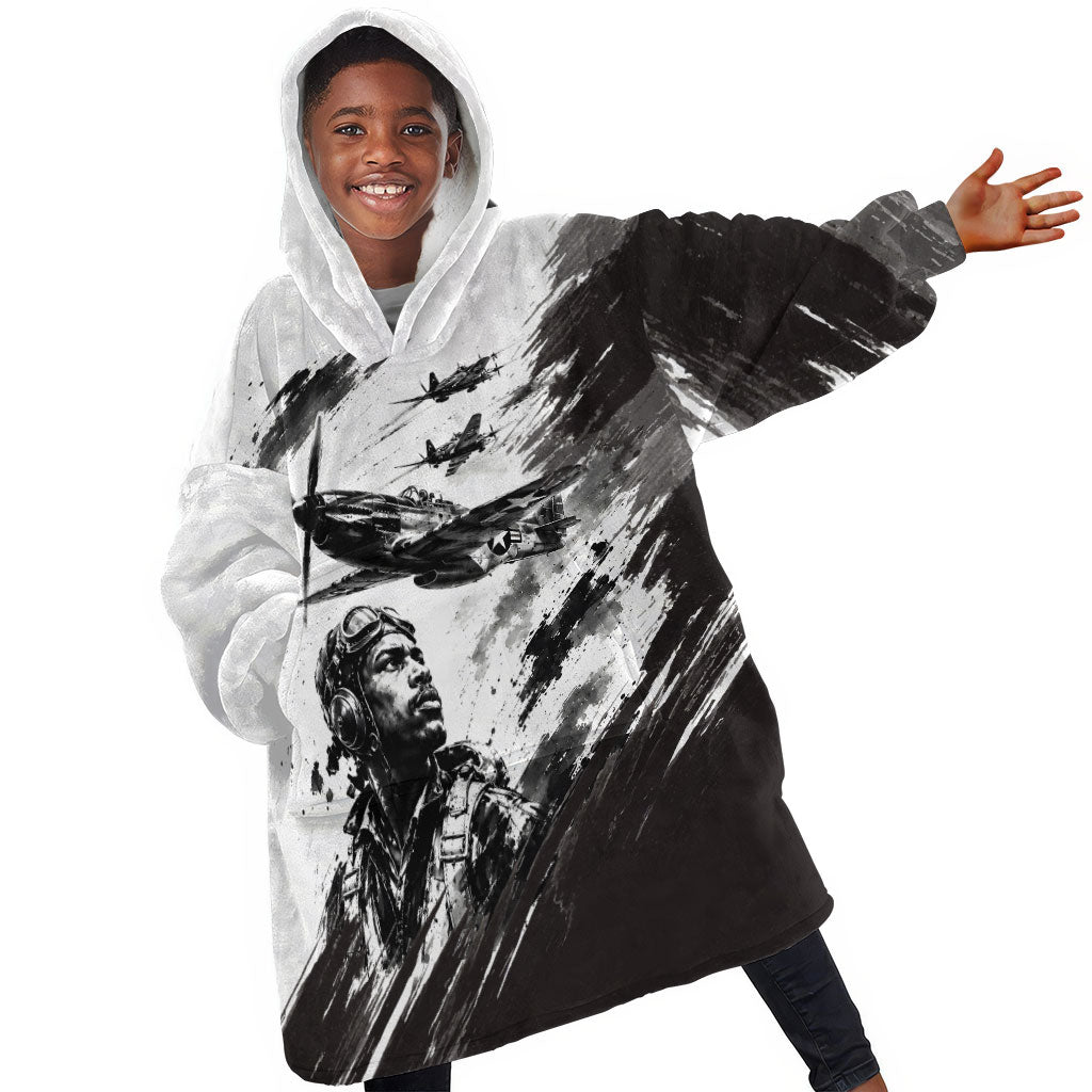 Personalized Tuskegee Airmen Kid Wearable Blanket Hoodie Black And White Grunge WWII Aviation Art