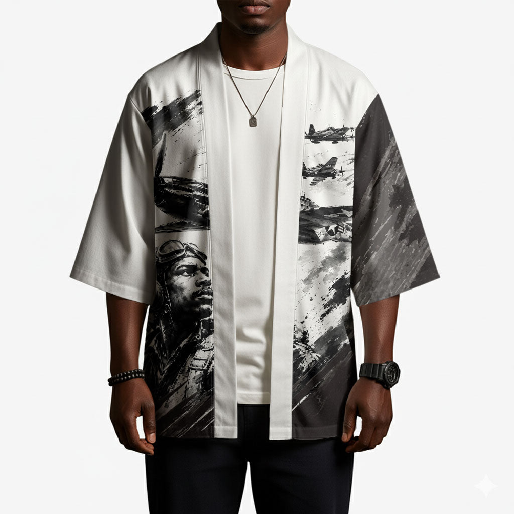 Personalized Tuskegee Airmen Kimono Black And White Grunge WWII Aviation Art