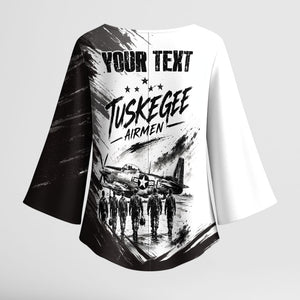 Personalized Tuskegee Airmen Kimono Sleeve Blouse Black And White Grunge WWII Aviation Art