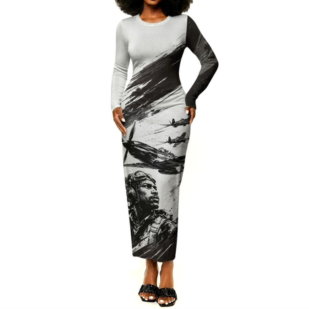 Personalized Tuskegee Airmen Long Sleeve Bodycon Dress Black And White Grunge WWII Aviation Art