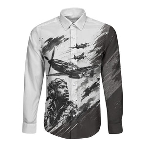 Personalized Tuskegee Airmen Long Sleeve Button Shirt Black And White Grunge WWII Aviation Art