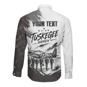 Personalized Tuskegee Airmen Long Sleeve Button Shirt Black And White Grunge WWII Aviation Art