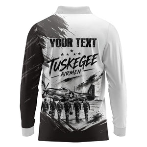 Personalized Tuskegee Airmen Long Sleeve Polo Shirt Black And White Grunge WWII Aviation Art